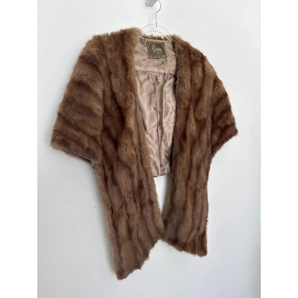 1950s D’Jimas Mink Fur Stole Muff Brown Real Fur Art Deco Evening Wrap
